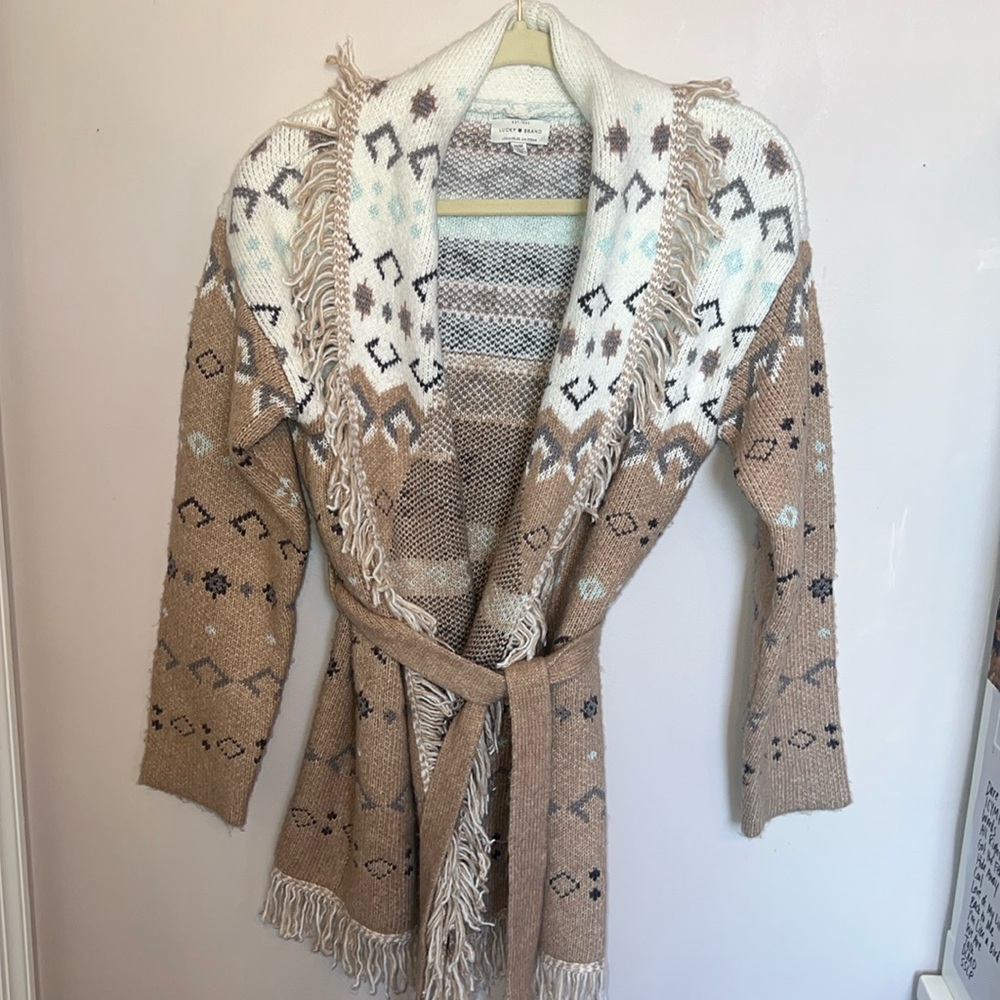 Lucky Brand Belted Fringe Cardigan